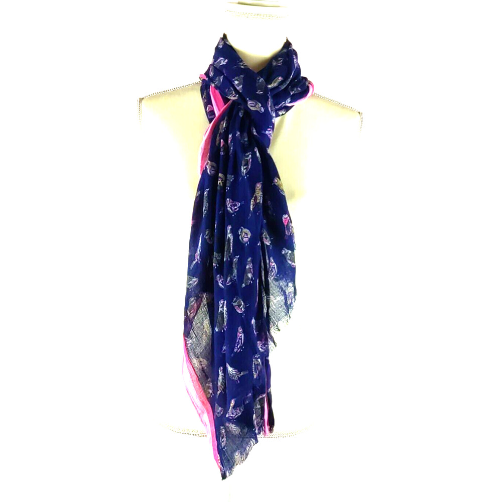Scarf Bird Pheasant Print Navy Blue Pink Brown Rectangle Lightweight 76" X 25"